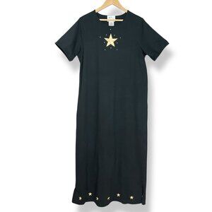 Vintage Quacker Factory T-Shirt Dress Embroidered Stars Women Size Large Black